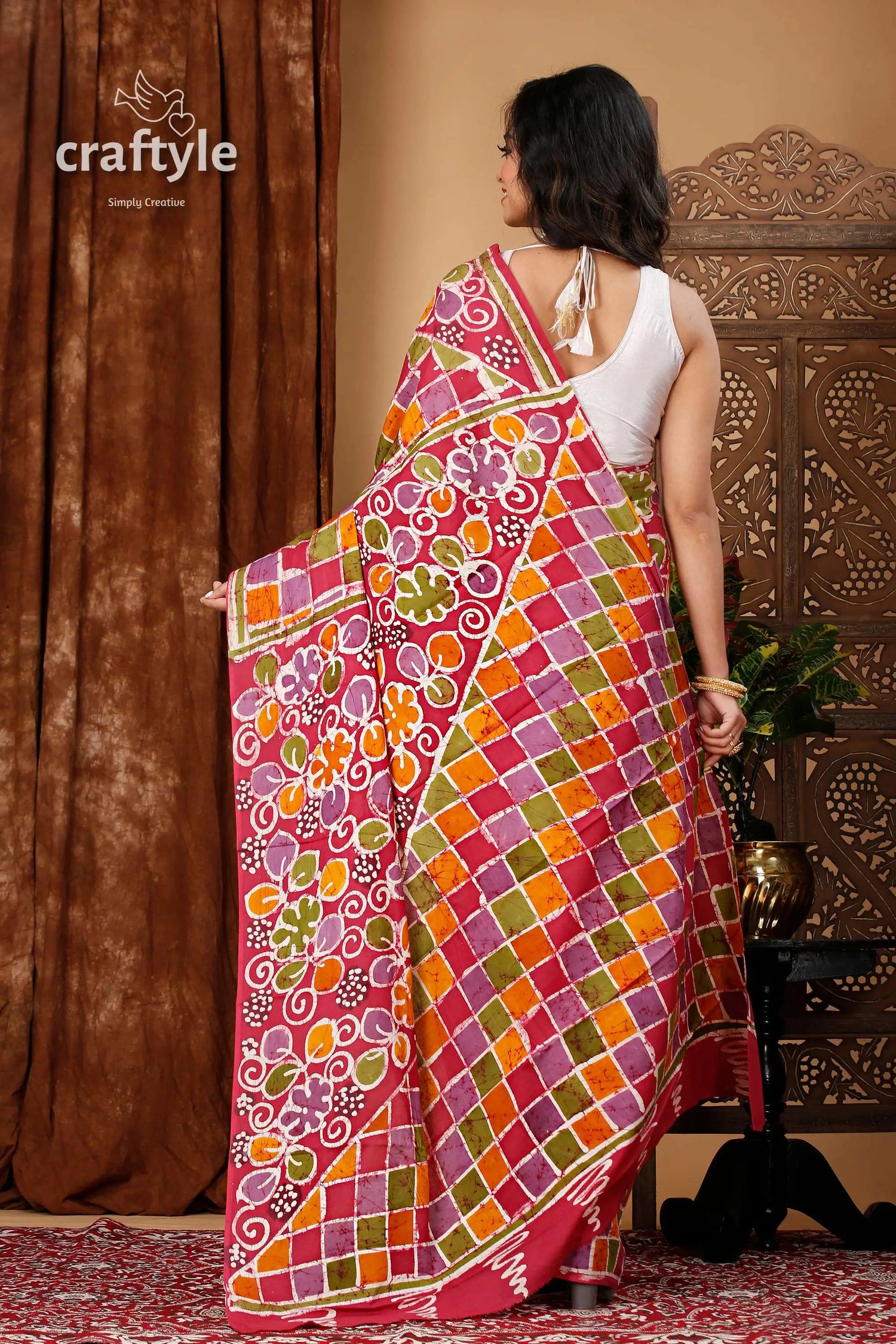 Hand painted pure cotton batik saree with floral artwork colorful patterned saree 5