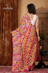 Hand painted pure cotton batik saree with floral artwork colorful patterned saree 5