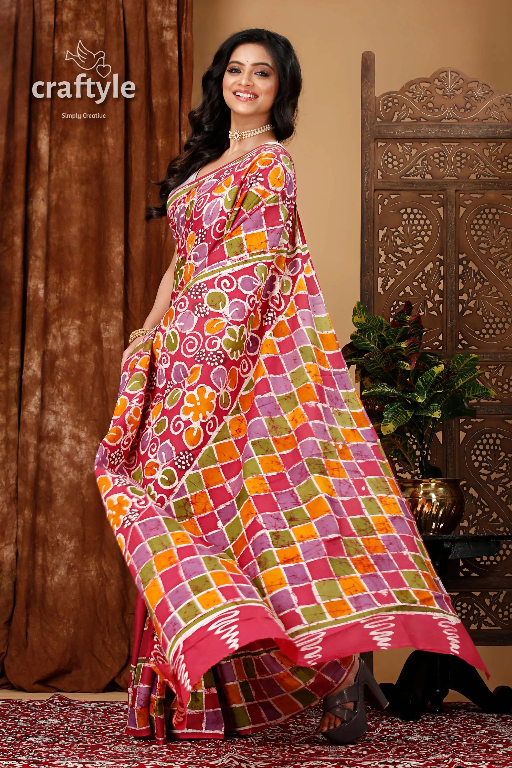 Hand painted pure cotton batik saree with floral artwork woman colorful patterned saree 4