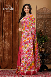 Hand painted pure cotton batik saree with floral artwork woman pink floral geometric patterned 3