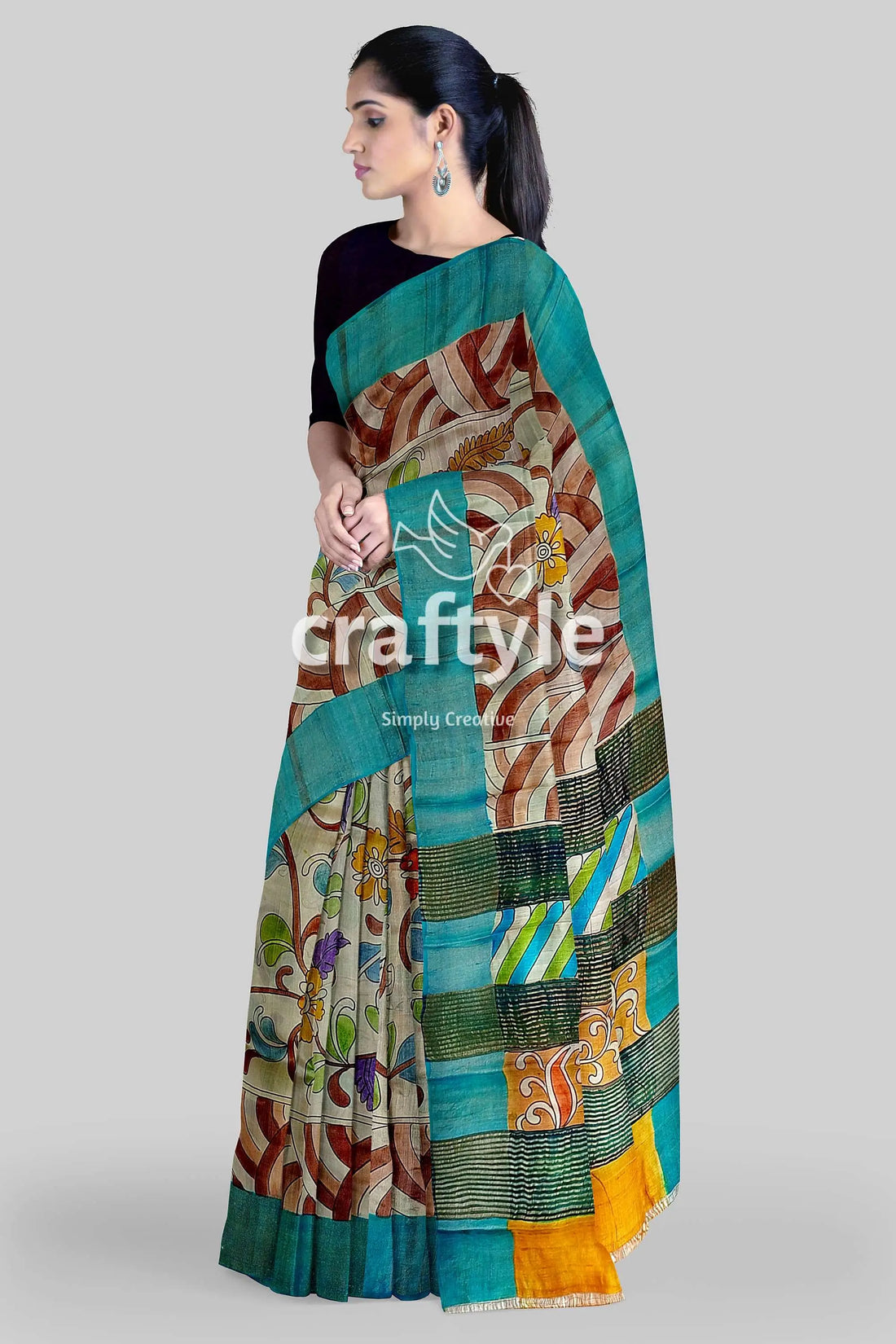 Hand painted pure tussar kalamkari saree with zari border - artisan crafted printed saree teal border 2