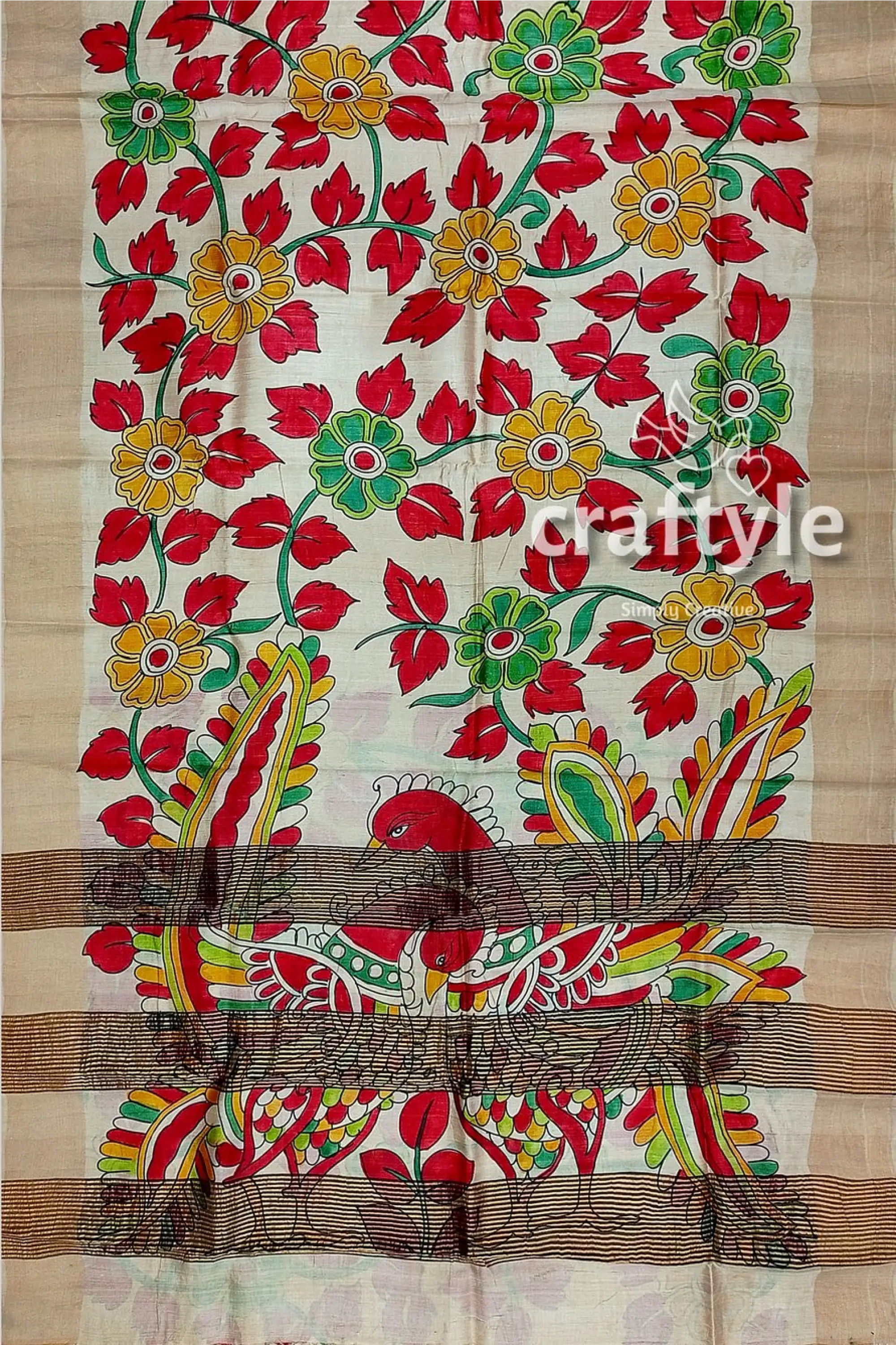 Hand painted pure tussar kalamkari saree with zari border - red leaf design hand-painted floral peacock saree 7