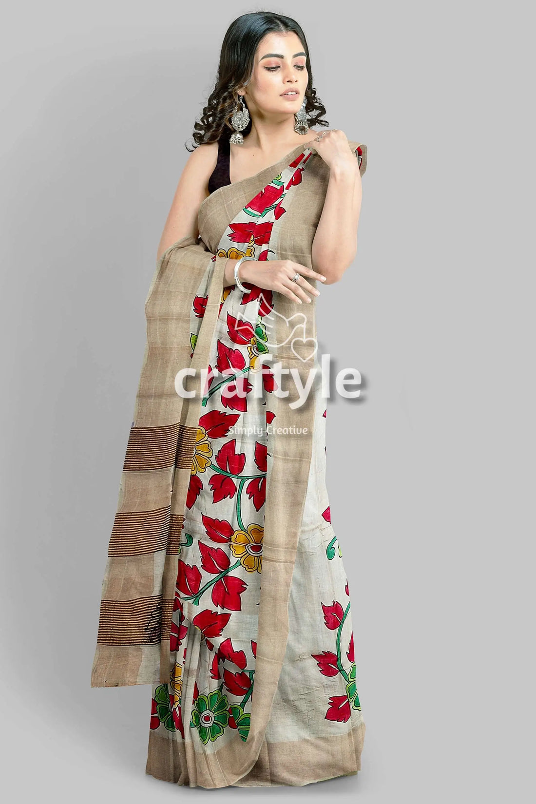 Hand painted pure tussar kalamkari saree with zari border - red leaf design floral-patterned saree 2