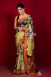 Hand painted pure tussar kalamkari saree with zari border - yellow black woman colorful saree 1