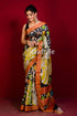 Hand painted pure tussar kalamkari saree with zari border - yellow black woman colorful saree 1