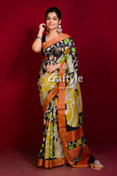 Hand painted pure tussar kalamkari saree with zari border - yellow black woman black yellow white saree 2