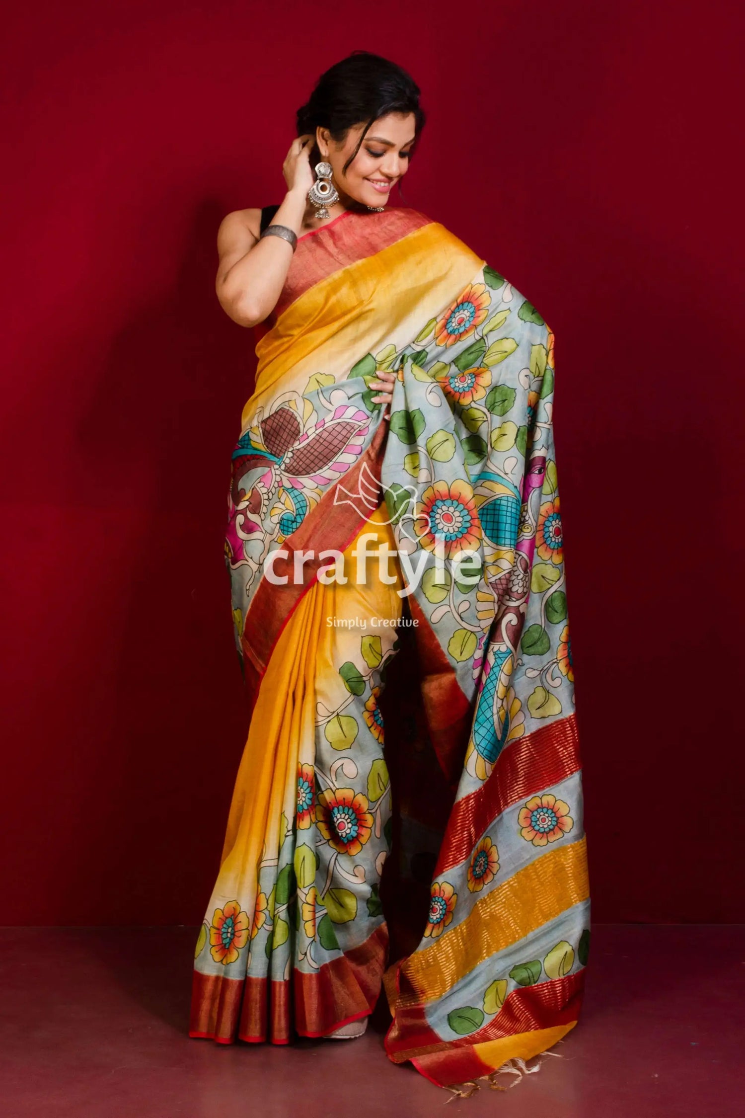 Hand painted pure tussar kalamkari saree - yellow orange with zari border yellow gray floral saree 1