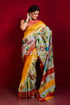 Hand painted pure tussar kalamkari saree - yellow orange with zari border yellow gray floral saree 1
