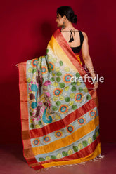 Hand painted pure tussar kalamkari saree - yellow orange with zari border hand-painted floral saree 4