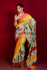 Hand painted pure tussar kalamkari saree - yellow orange with zari border yellow gray floral saree 3