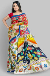 Hand painted pure tussar kalamkari sari with zari border - ancient figure motif woman colorful floral saree 5