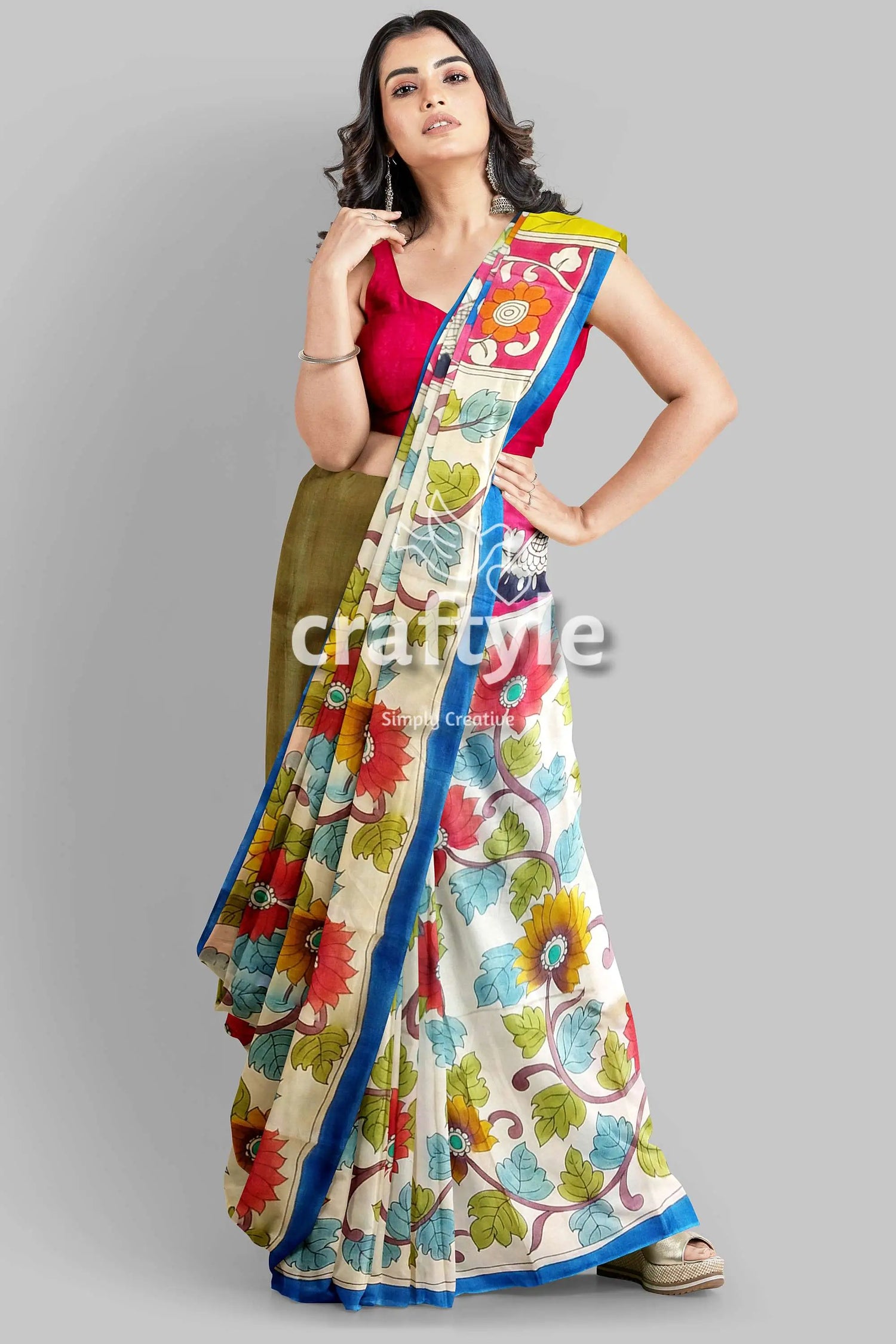 Hand painted pure tussar kalamkari sari with zari border - ancient figure motif floral-patterned saree blue border 4