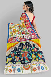 Hand painted pure tussar kalamkari sari with zari border - ancient figure motif woman colorful patterned saree 6