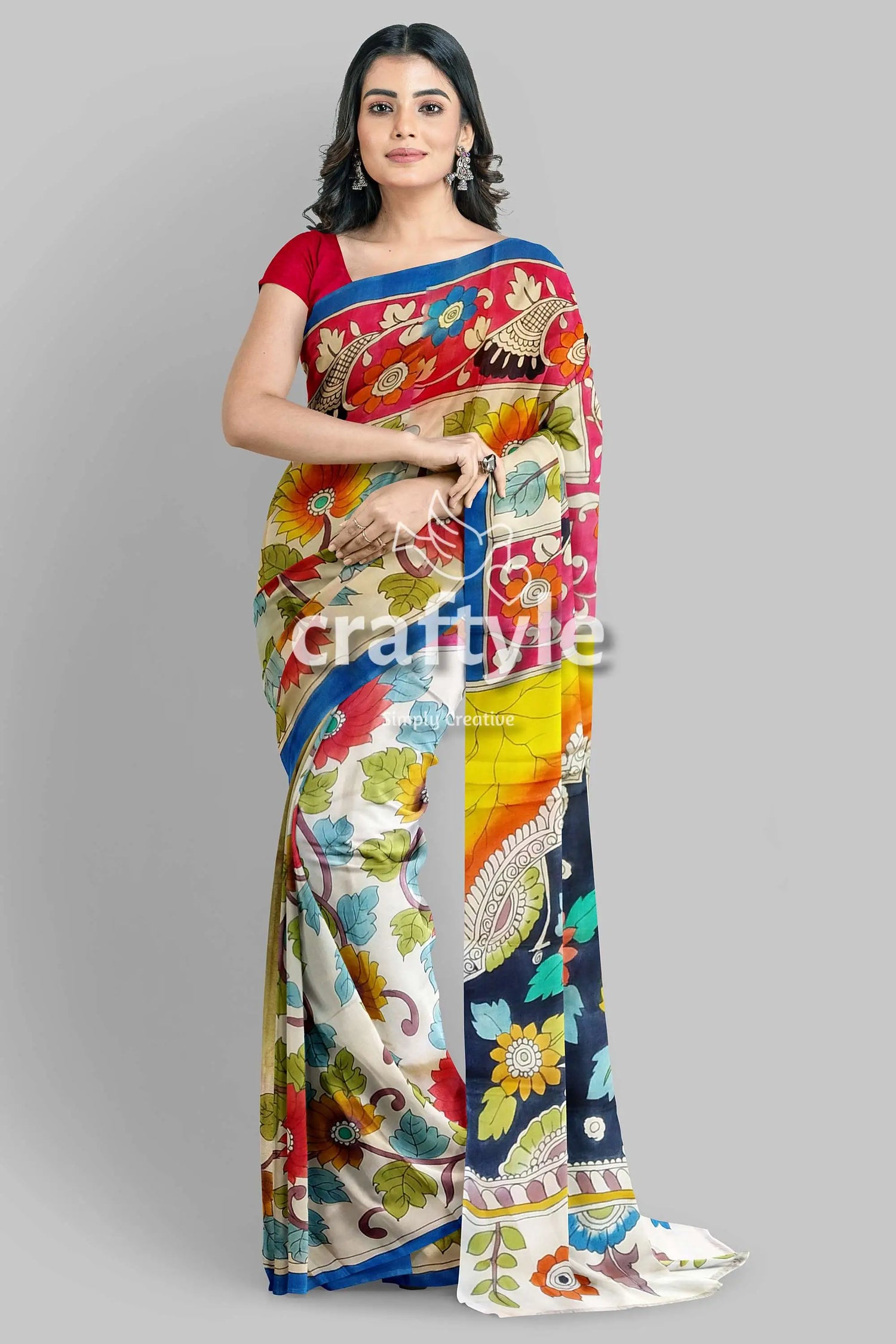 Hand painted pure tussar kalamkari sari with zari border - ancient figure motif colorful floral-patterned saree 1