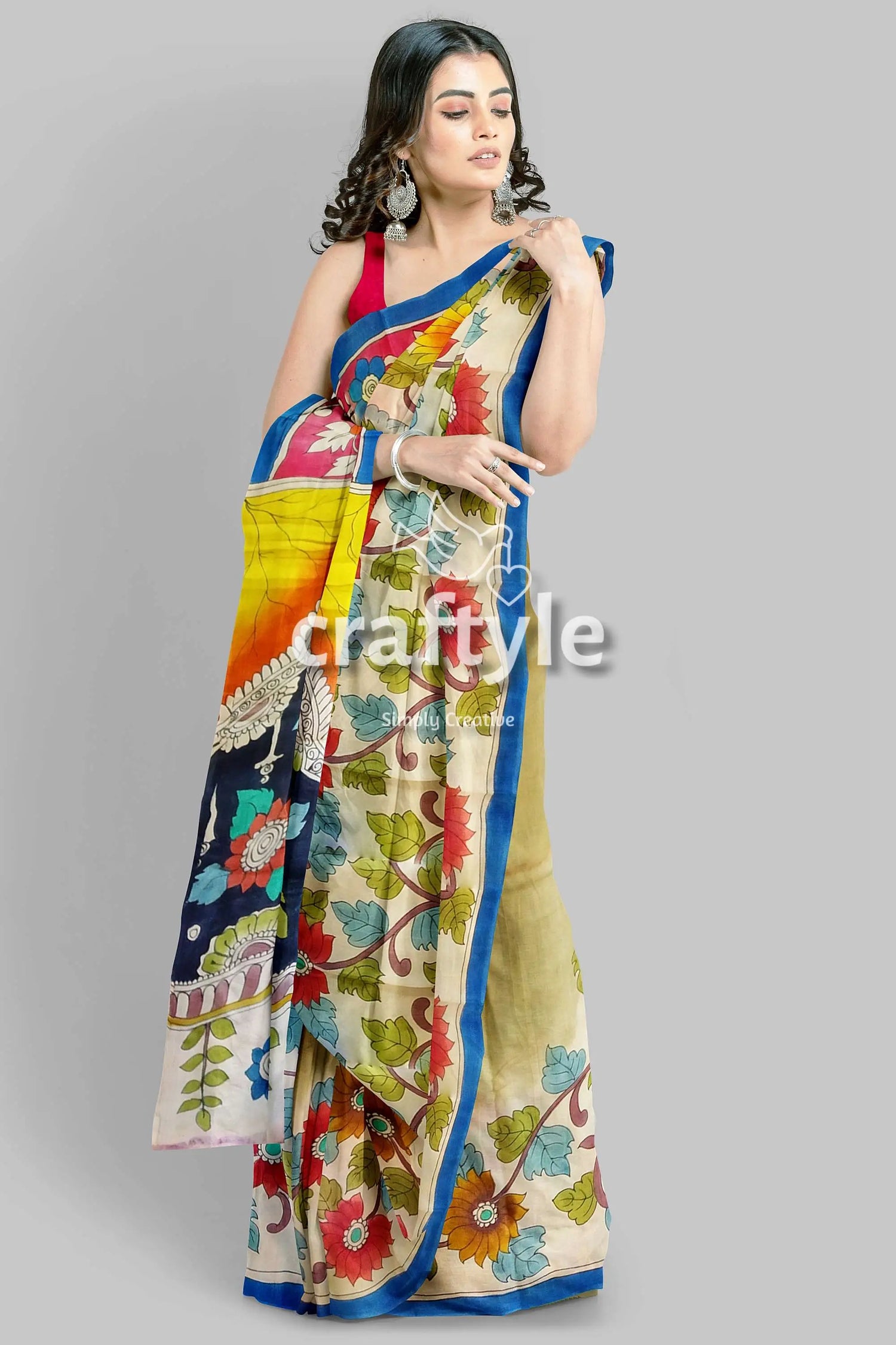 Hand painted pure tussar kalamkari sari with zari border - ancient figure motif floral-patterned saree blue border 2
