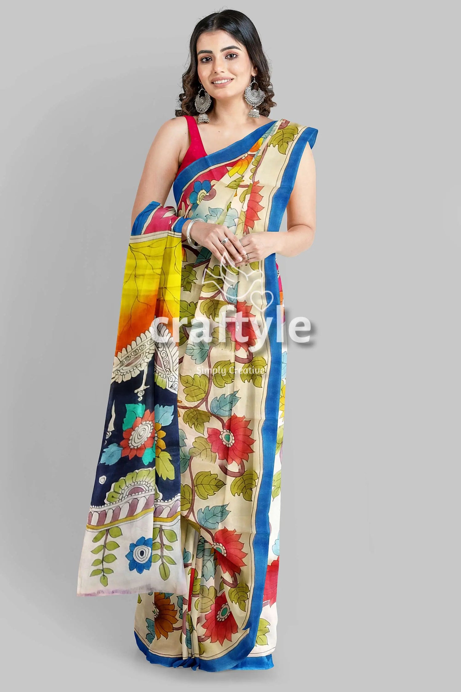 Hand painted pure tussar kalamkari sari with zari border - ancient figure motif woman floral saree 3
