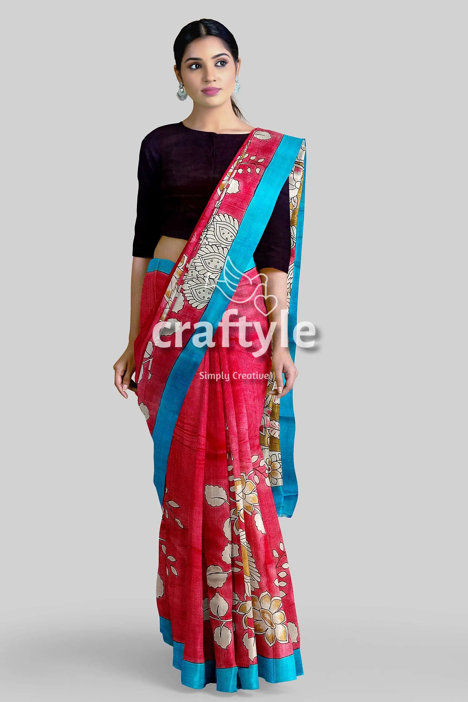 Hand painted pure tussar saree - red rose kalamkari sari with zari border red blue floral saree 2