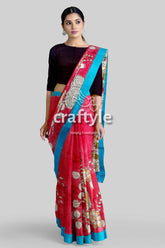 Hand painted pure tussar saree - red rose kalamkari sari with zari border red blue floral saree 2