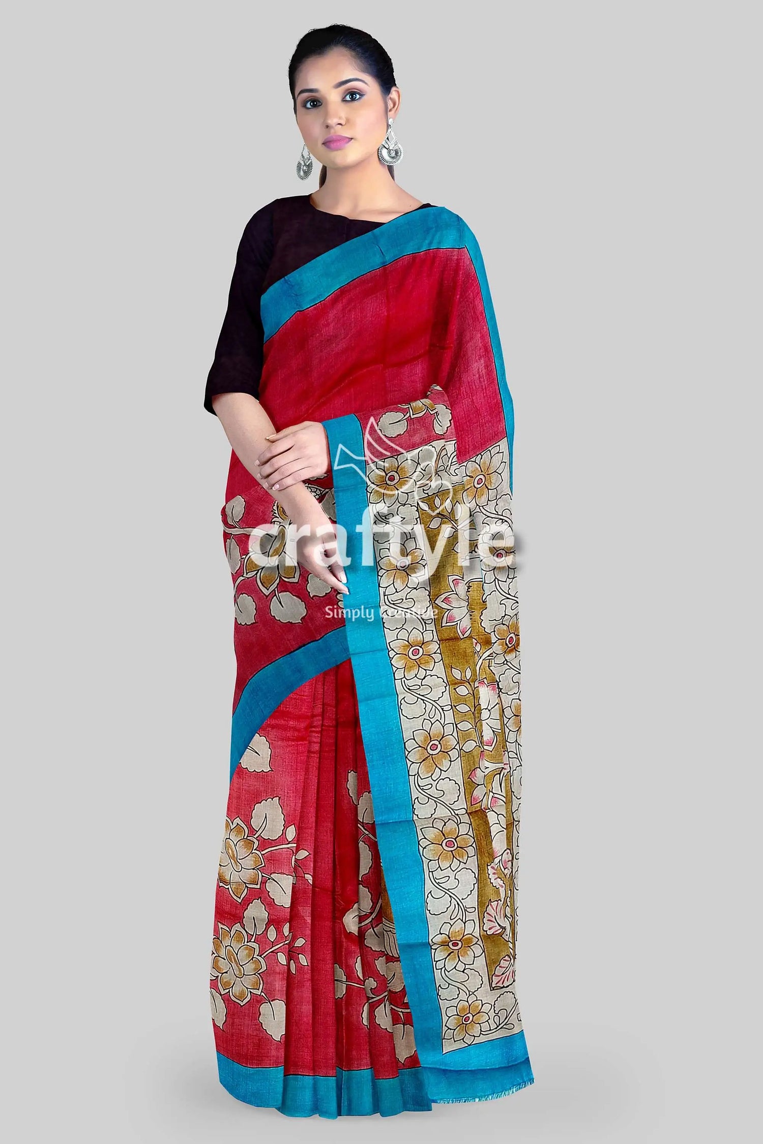 Hand painted pure tussar saree - red rose kalamkari sari with zari border woman red blue saree 5