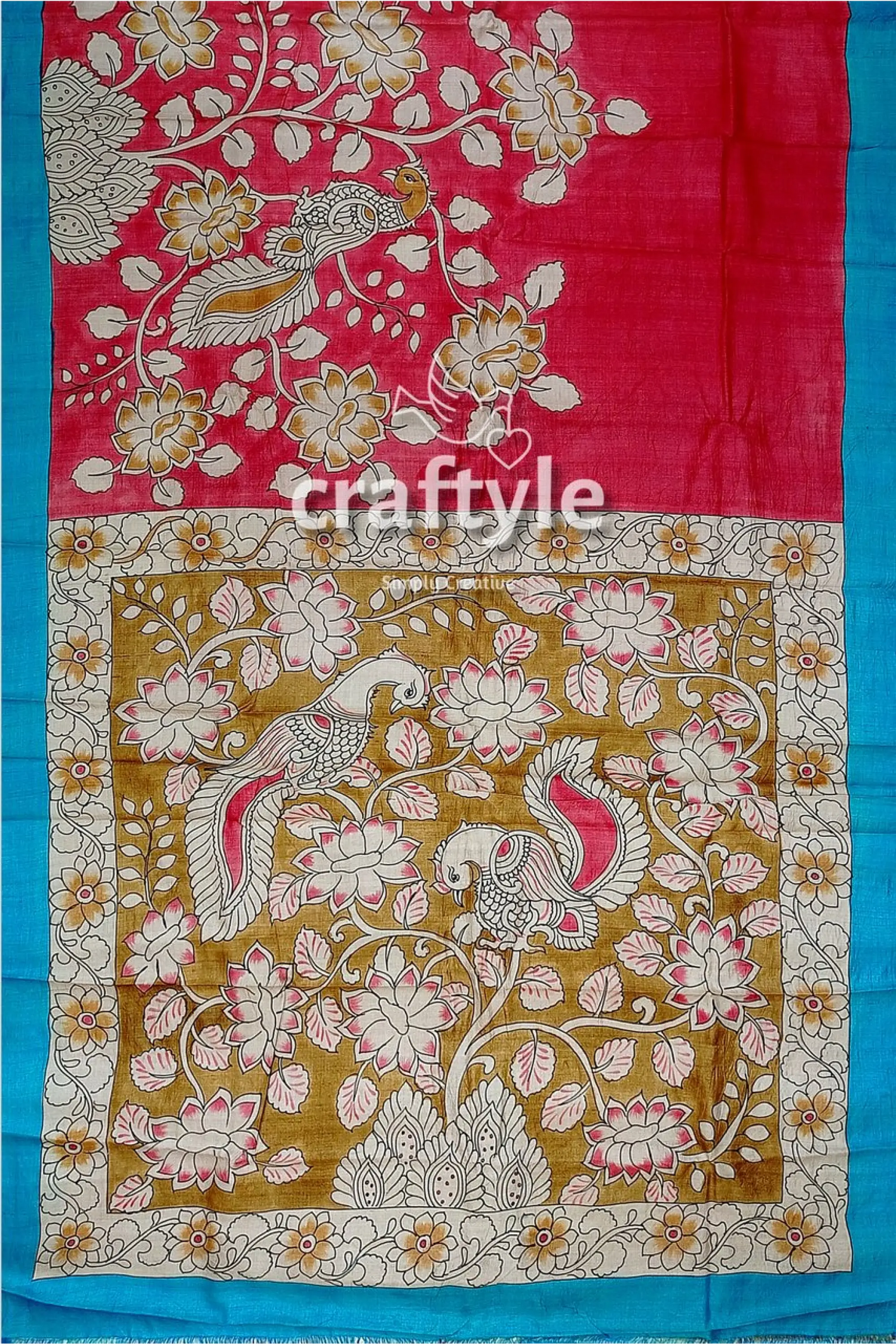 Hand painted pure tussar saree - red rose kalamkari sari with zari border hand-painted silk saree bird floral 7