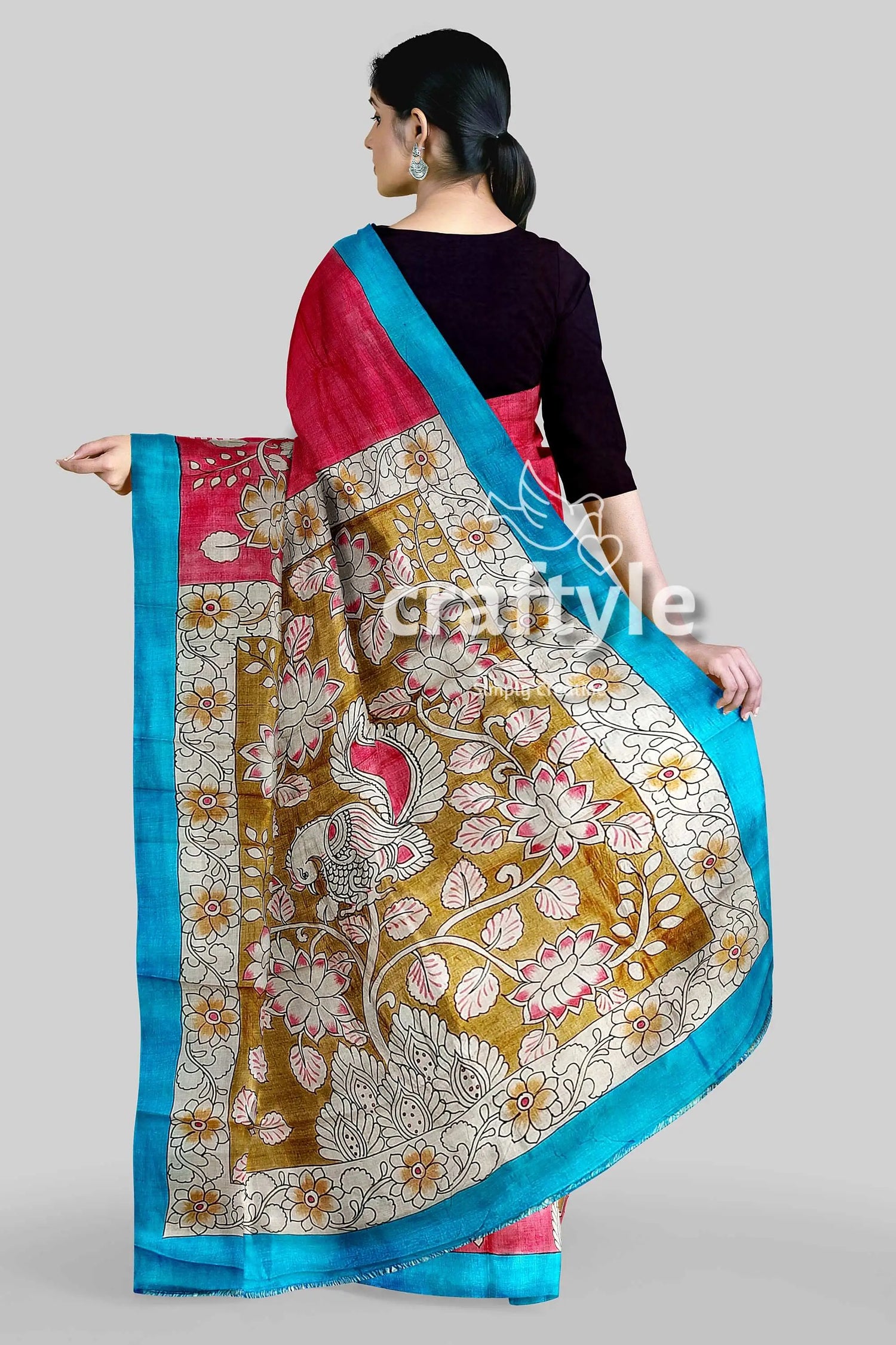 Hand painted pure tussar saree - red rose kalamkari sari with zari border pink blue silk saree peacock 6