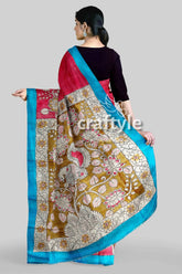 Hand painted pure tussar saree - red rose kalamkari sari with zari border pink blue silk saree peacock 6