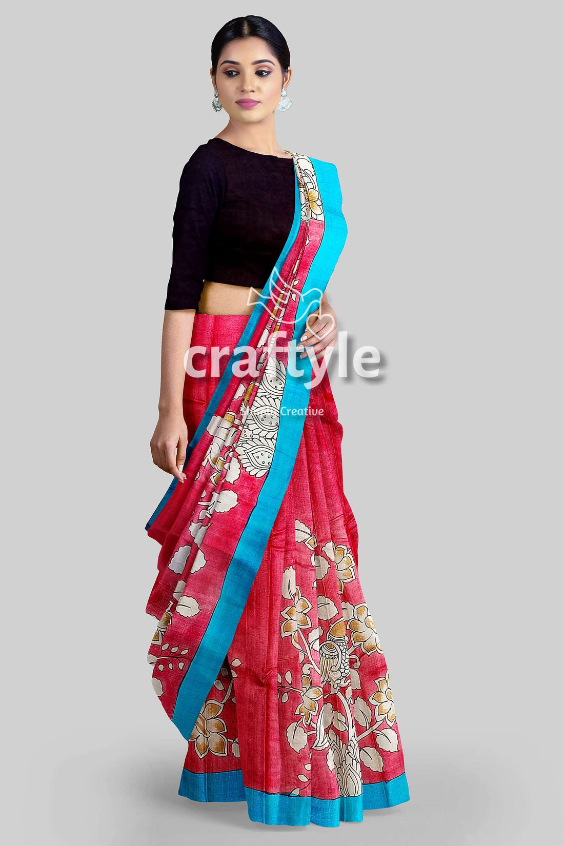 Hand Painted Pure Tussar Saree - Red Rose Kalamkari Sari with Zari Border - Craftyle