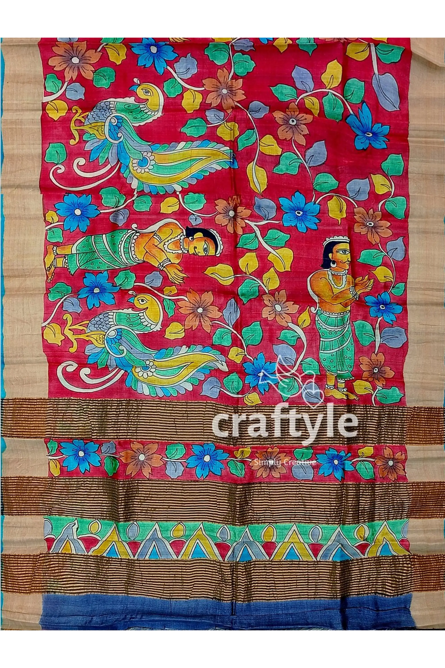 Hand-painted pure tussar silk saree - red kalamkari design with zari border hand-painted red saree floral figure 6