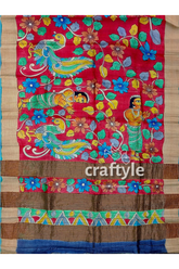 Hand-painted pure tussar silk saree - red kalamkari design with zari border hand-painted red saree floral figure 6