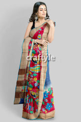 Hand-painted pure tussar silk saree - red kalamkari design with zari border floral-patterned saree 3