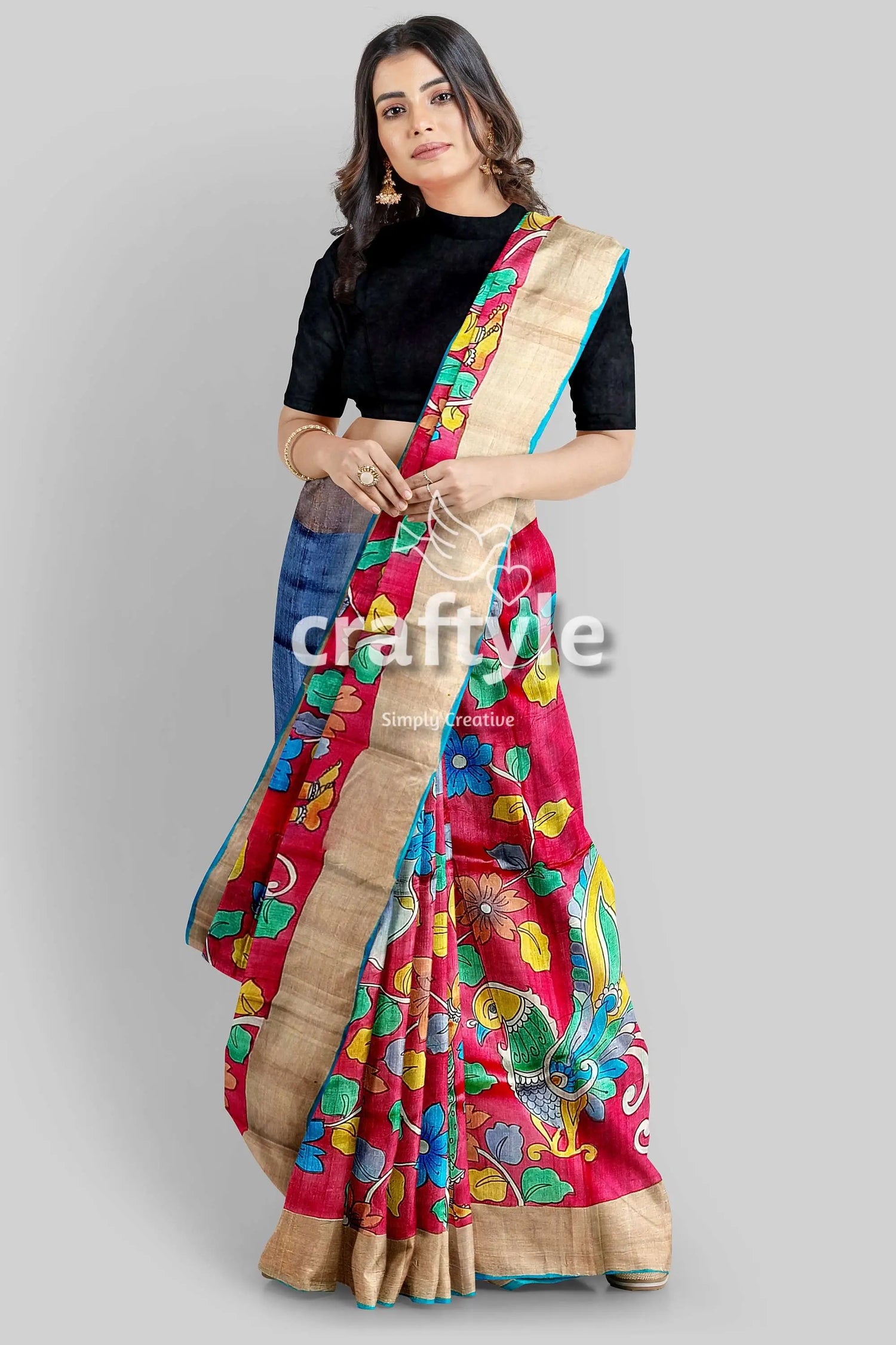 Hand-painted pure tussar silk saree - red kalamkari design with zari border floral-patterned red saree gold border 2