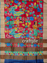 Hand-Painted Pure Tussar Silk Saree - Red Kalamkari Design with Zari Border - Craftyle