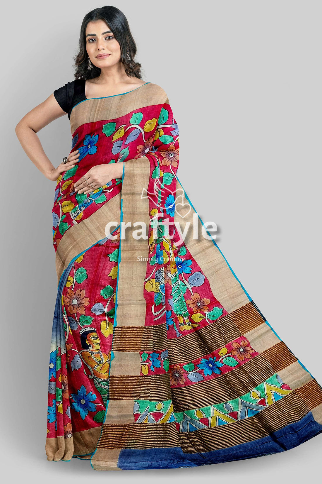 Hand-Painted Pure Tussar Silk Saree - Red Kalamkari Design with Zari Border - Craftyle