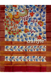 Hand painted pure tussar silk saree with zari border - stunning peacock design hand-painted peacock saree 6