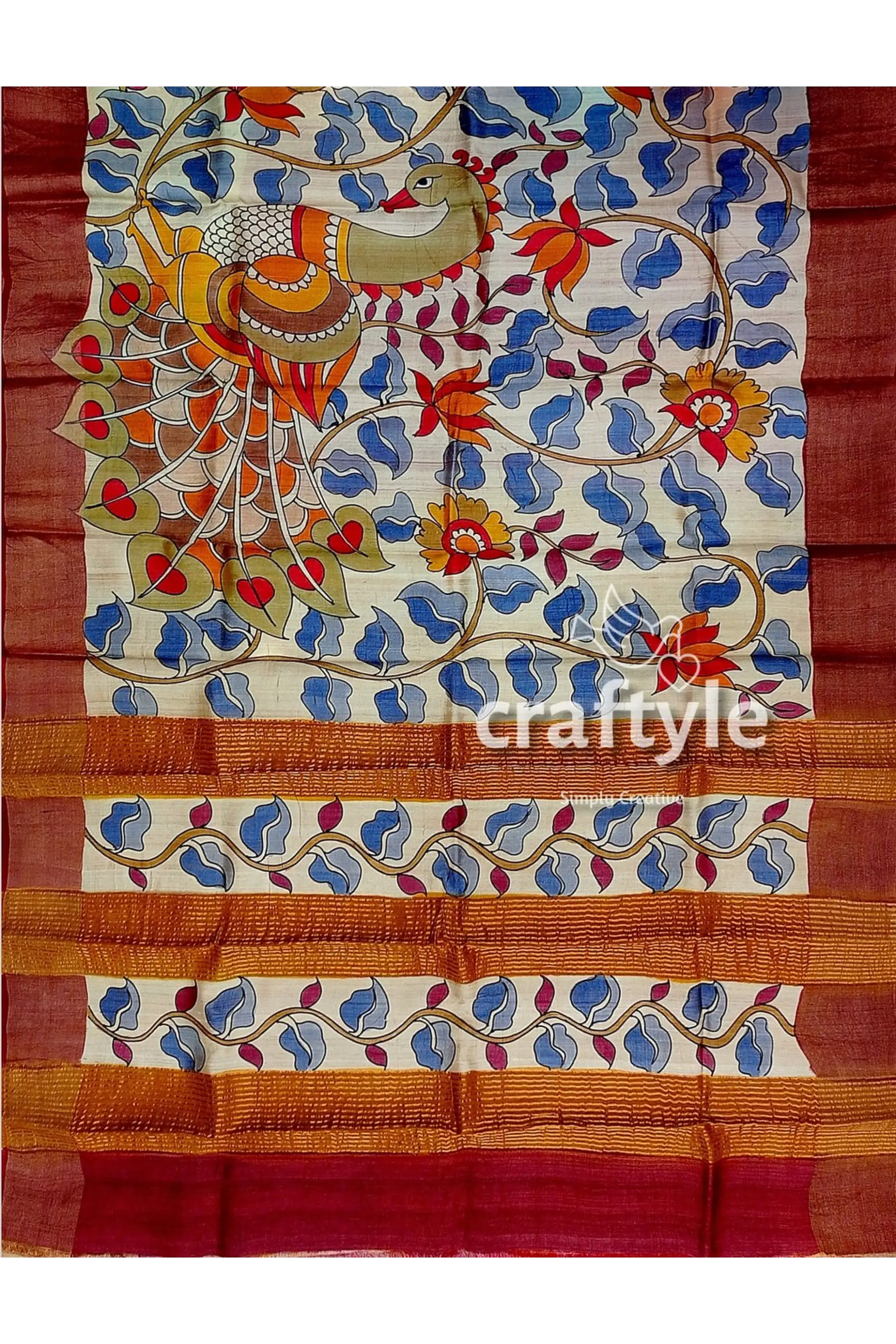 Hand painted pure tussar silk saree with zari border - stunning peacock design hand-painted peacock saree 6