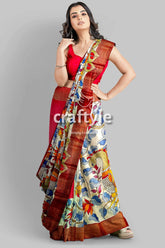 Hand painted pure tussar silk saree with zari border - stunning peacock design woman red patterned saree 4