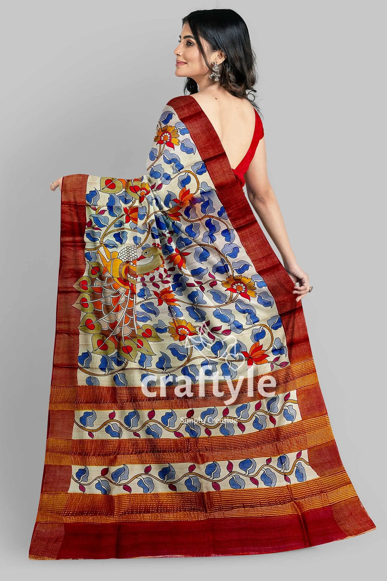 Hand painted pure tussar silk saree with zari border - stunning peacock design floral-patterned saree red border 5