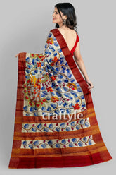 Hand painted pure tussar silk saree with zari border - stunning peacock design floral-patterned saree red border 5