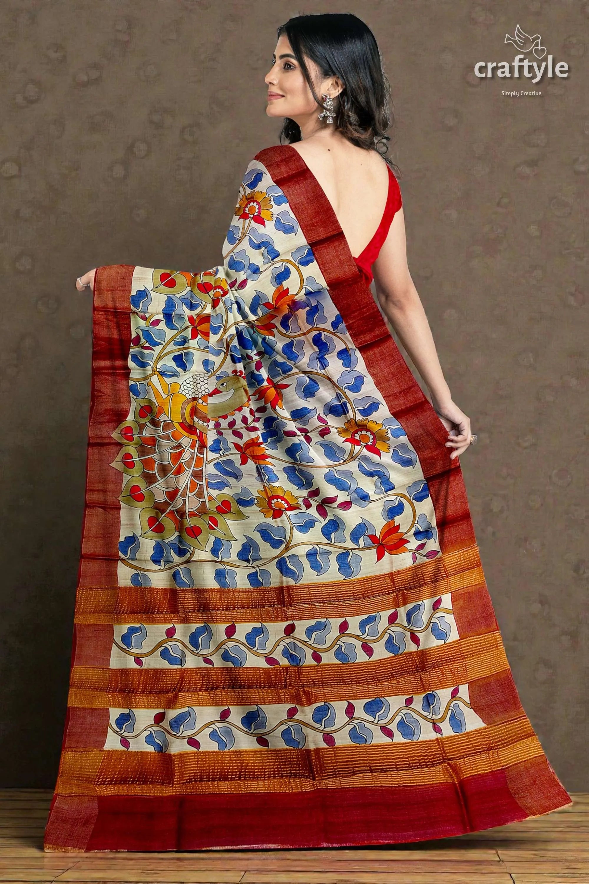 Hand painted pure tussar silk saree with zari border - stunning peacock design 5
