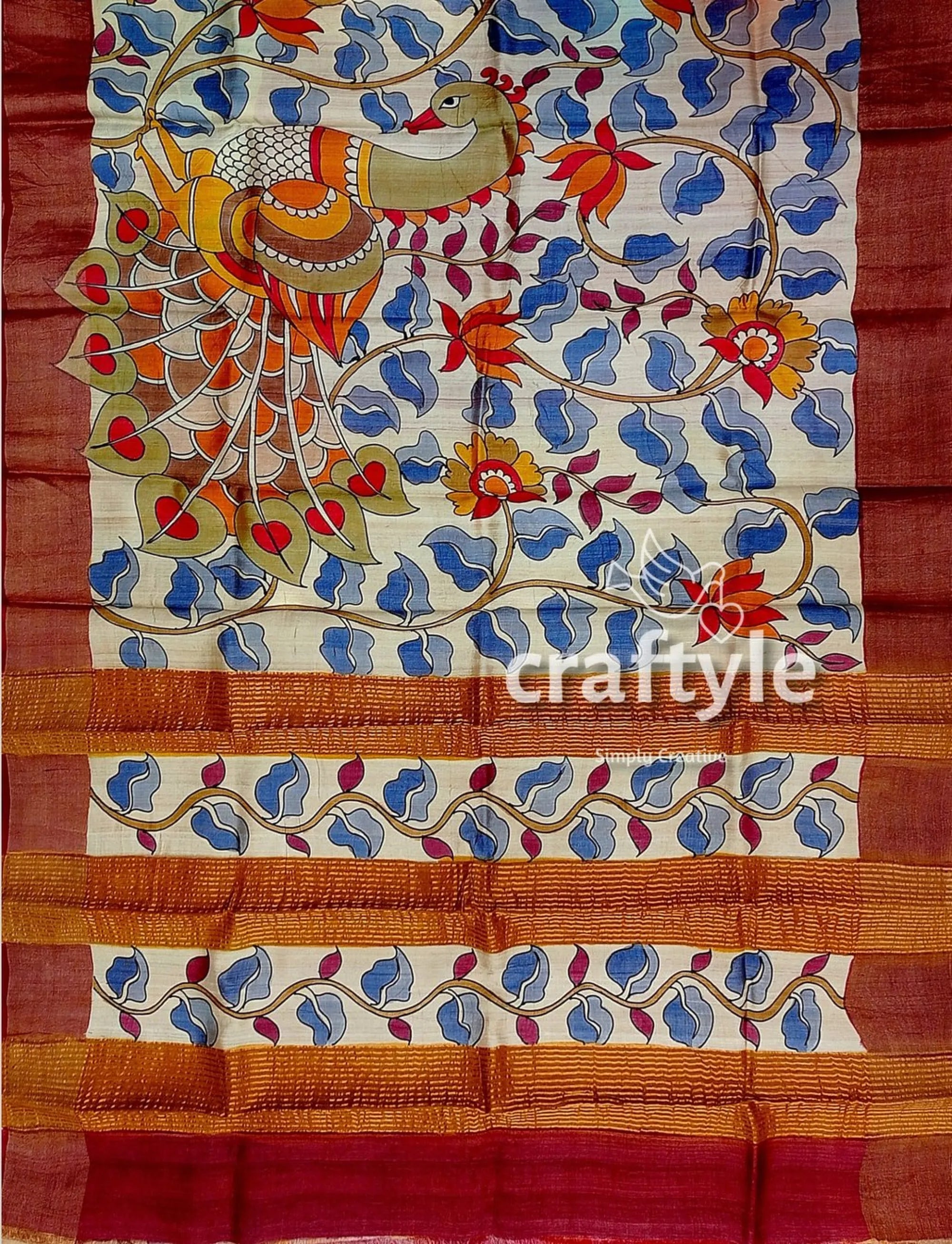 Hand painted pure tussar silk saree with zari border - stunning peacock design hand-painted 6
