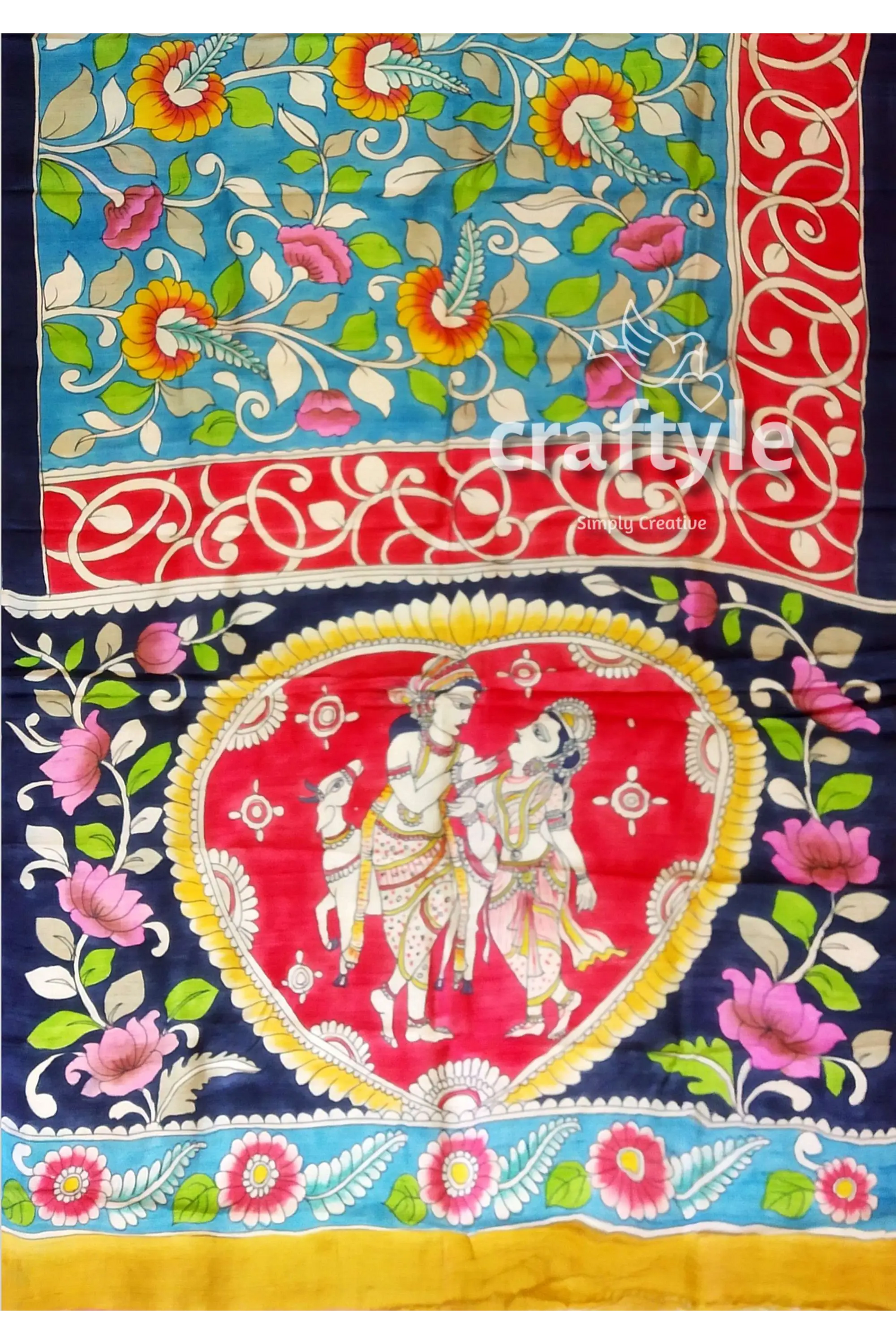 Hand painted radha krishna design pure tussar silk saree - kalamkari colorful floral figurative textile 7