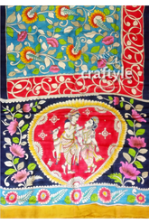 Hand painted radha krishna design pure tussar silk saree - kalamkari colorful floral figurative textile 7