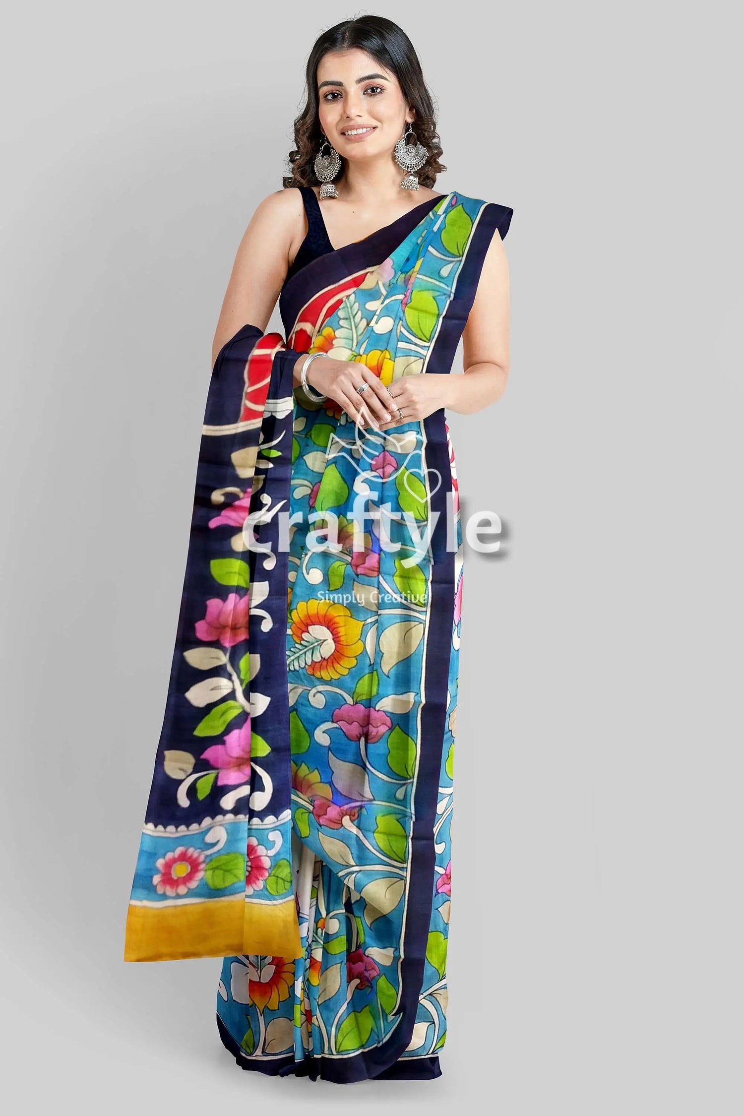 Hand painted radha krishna design pure tussar silk saree - kalamkari woman floral-patterned saree 4