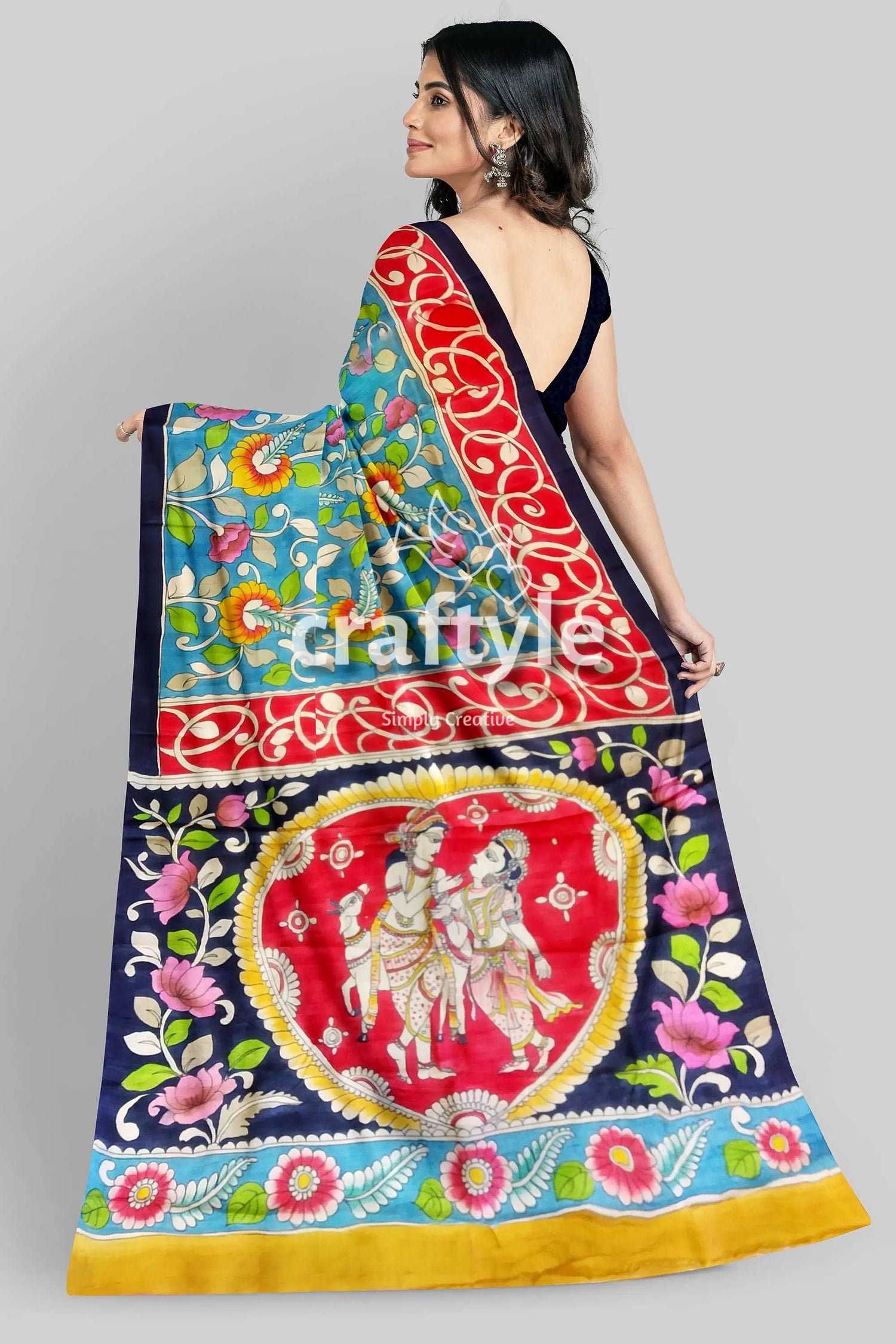 Hand painted radha krishna design pure tussar silk saree - kalamkari woman colorful patterned saree 6