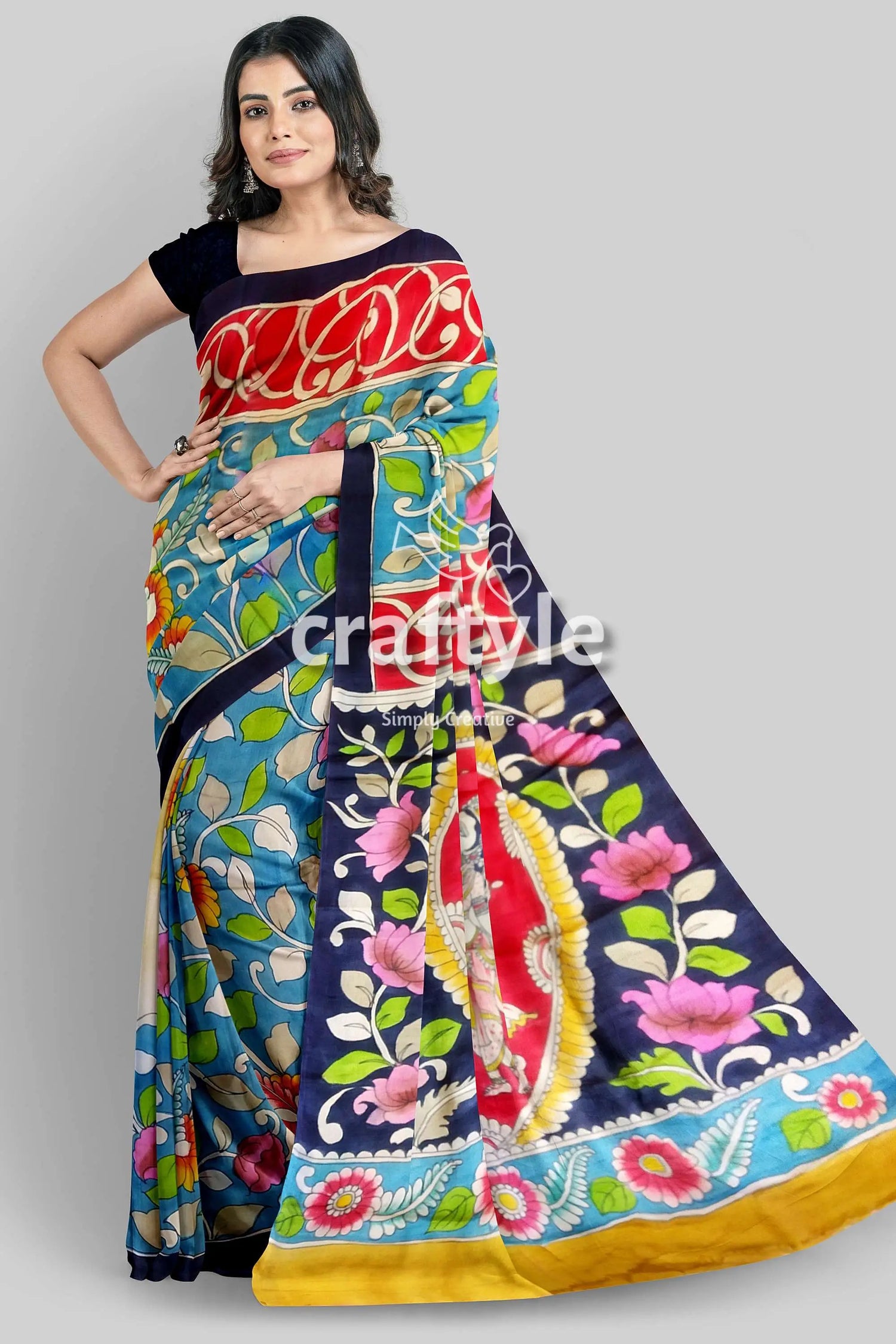 Hand painted radha krishna design pure tussar silk saree - kalamkari floral-patterned saree 1