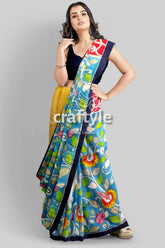 Hand painted radha krishna design pure tussar silk saree - kalamkari woman blue floral saree 5