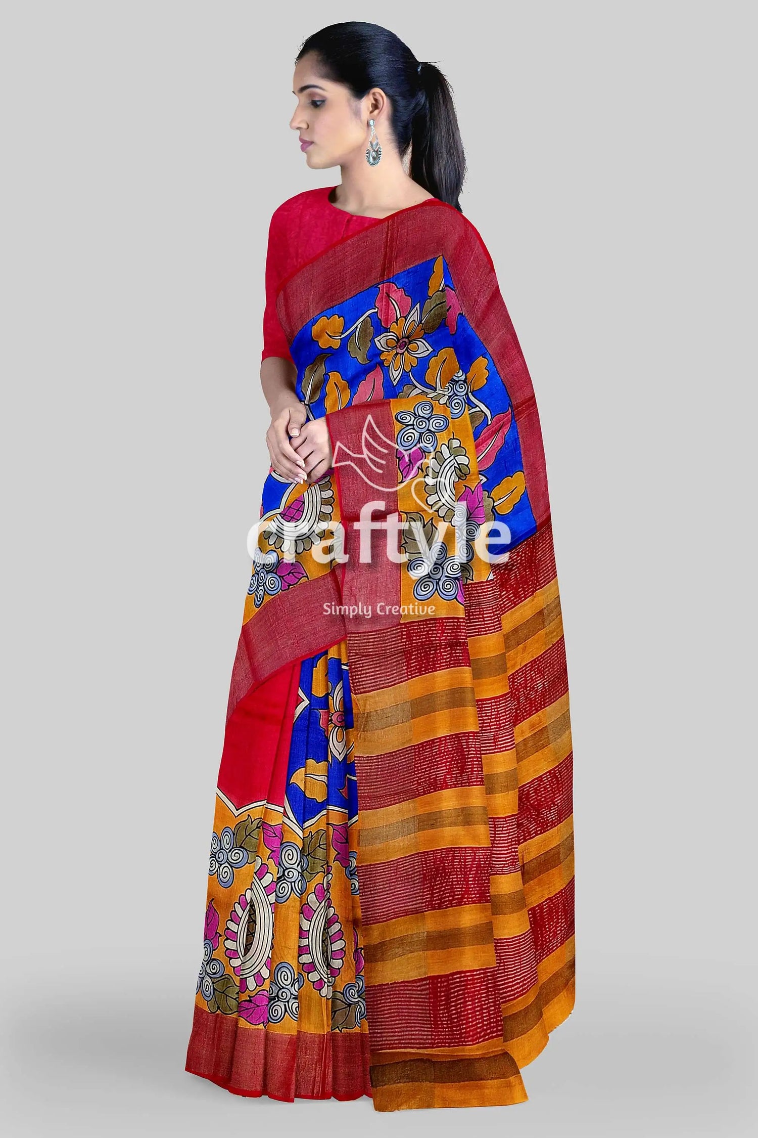 Hand-painted red and blue pure tussar kalamkari saree with zari border woman colorful saree 3