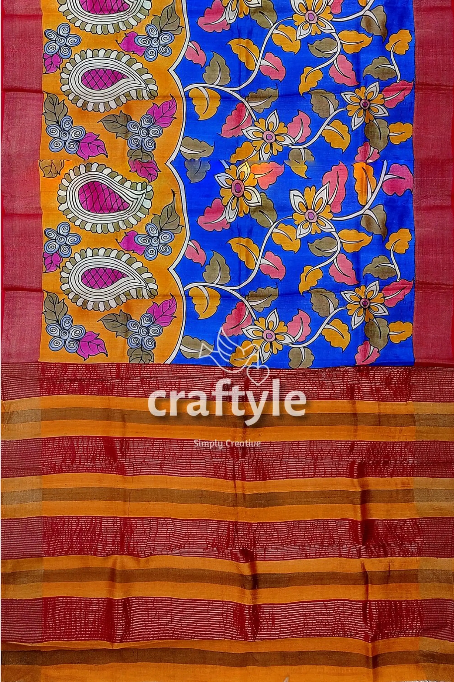Hand-painted red and blue pure tussar kalamkari saree with zari border colorful patterned saree 6