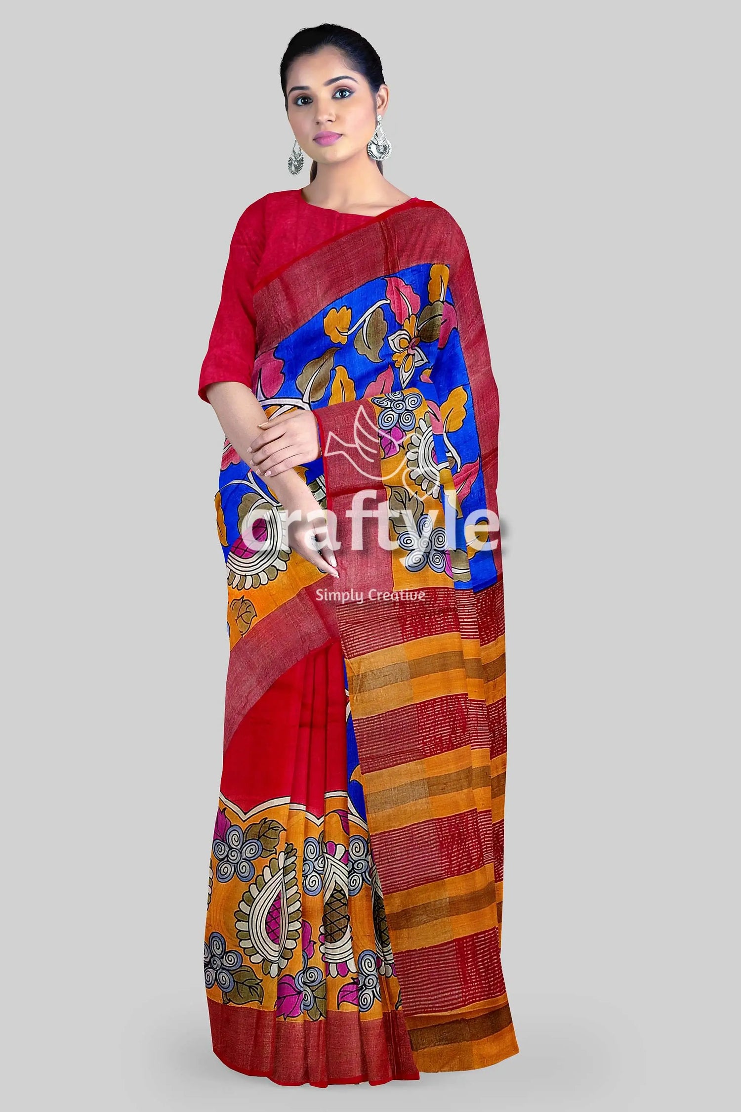 Hand-painted red and blue pure tussar kalamkari saree with zari border woman colorful saree 4