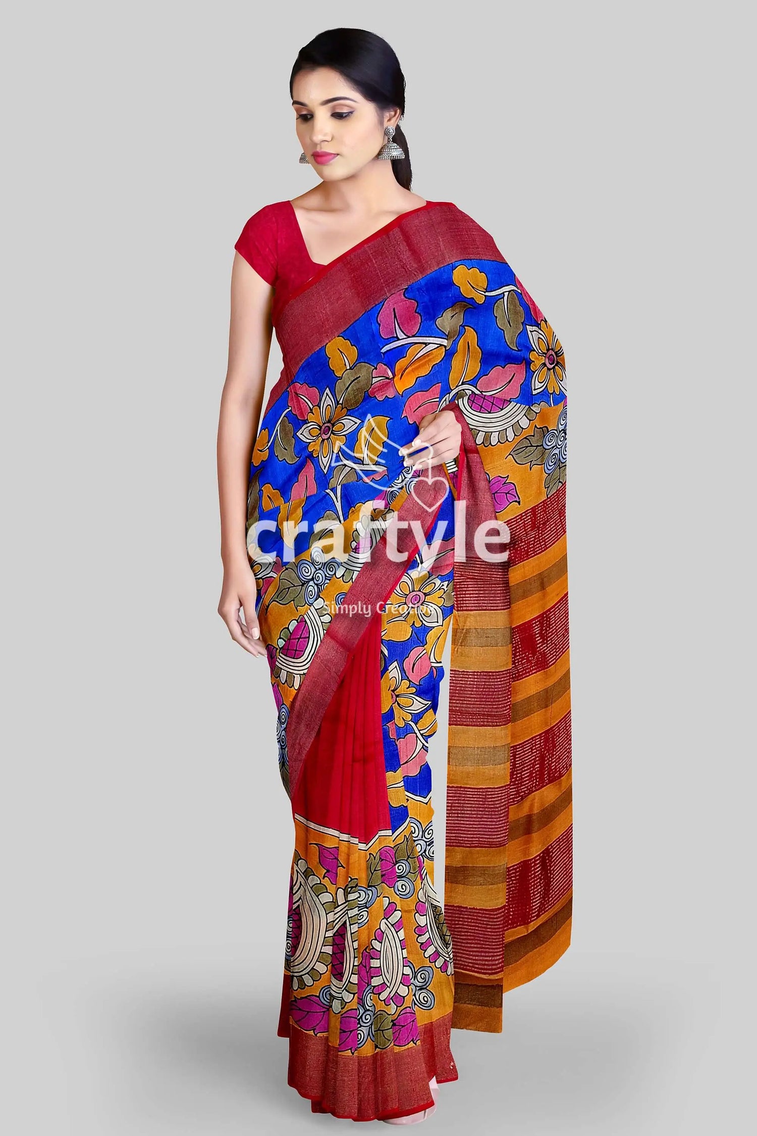 Hand-painted red and blue pure tussar kalamkari saree with zari border woman colorful saree 1